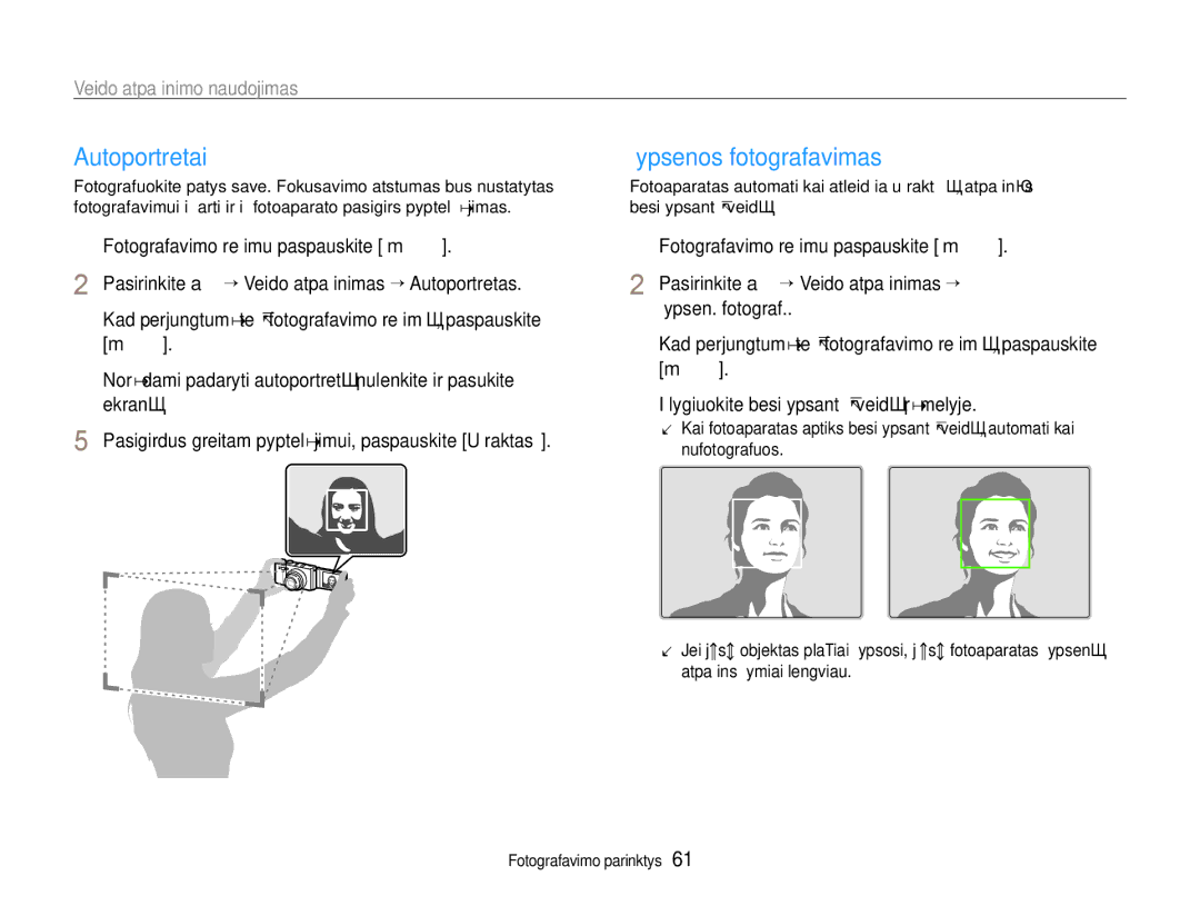 Samsung EC-EX1ZZZBPBRU manual Autoportretai, Šypsenos fotografavimas, Ekraną 
