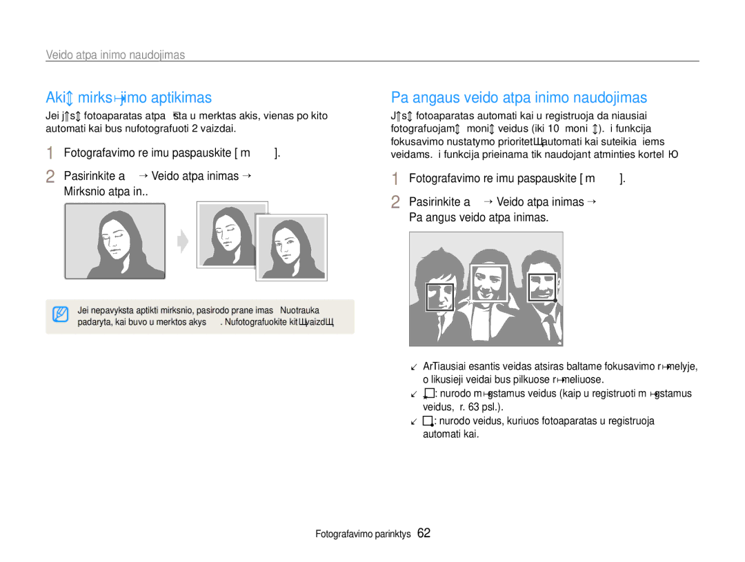 Samsung EC-EX1ZZZBPBRU manual Akių mirksėjimo aptikimas, Pažangaus veido atpažinimo naudojimas 