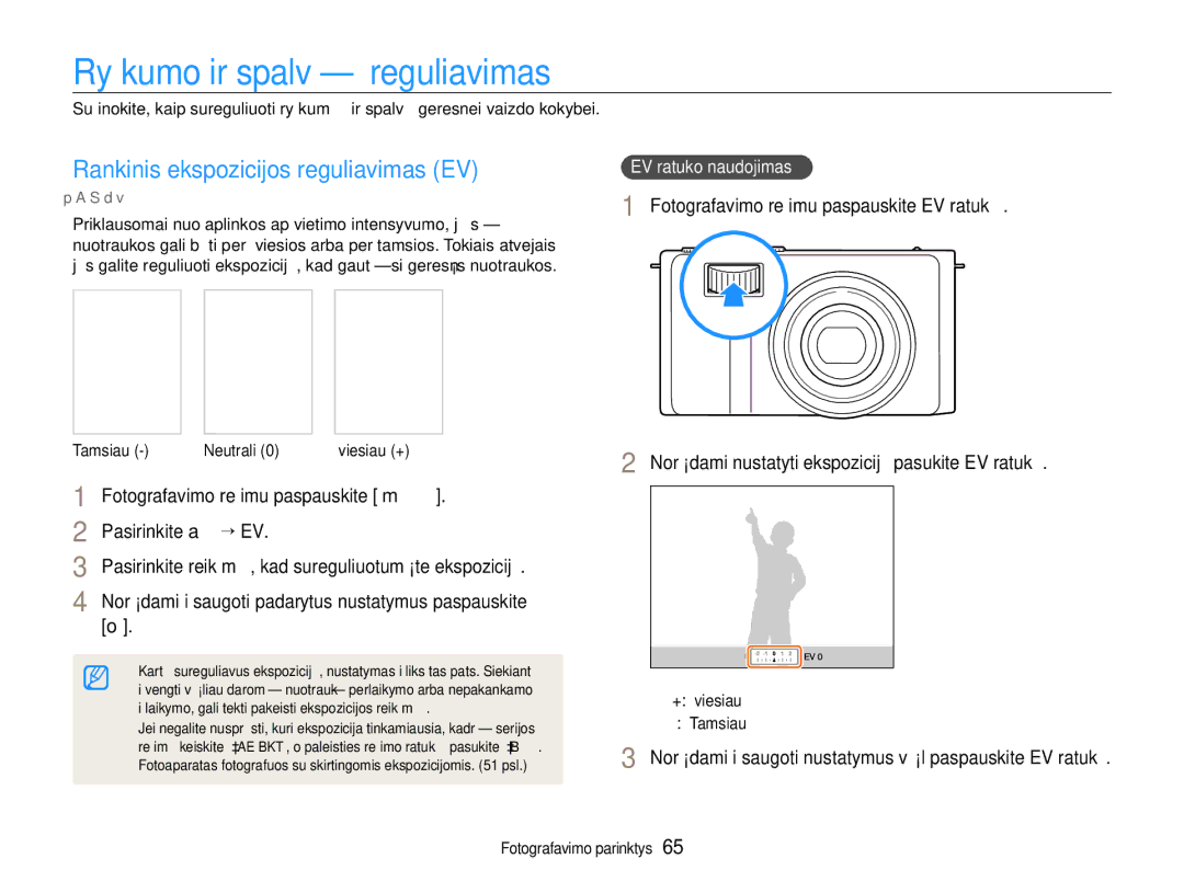 Samsung EC-EX1ZZZBPBRU manual Ryškumo ir spalvų reguliavimas, Rankinis ekspozicijos reguliavimas EV 