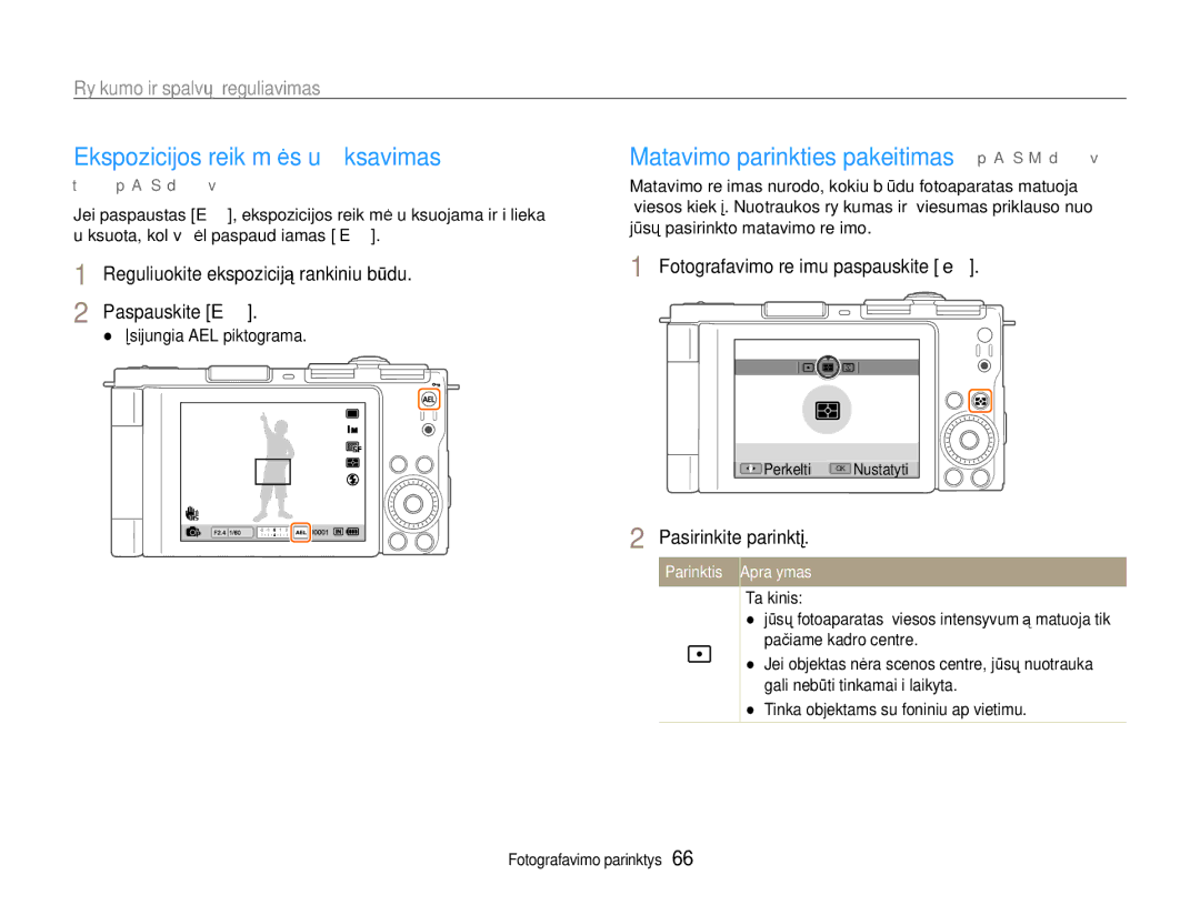 Samsung EC-EX1ZZZBPBRU manual Ekspozicijos reikšmės užﬁksavimas, Matavimo parinkties pakeitimas p a S M d, Taškinis 