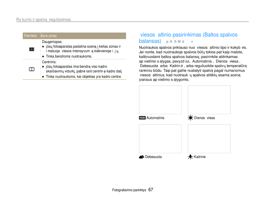 Samsung EC-EX1ZZZBPBRU manual Šviesos šaltinio pasirinkimas Baltos spalvos balansas, Daugeriopas, Centrinis 