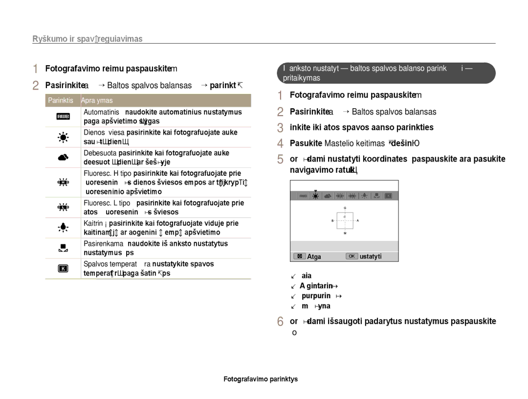 Samsung EC-EX1ZZZBPBRU manual Pasirinkite a ““Baltos spalvos balansas “ parinktį, Pasirinkite a “ Baltos spalvos balansas 