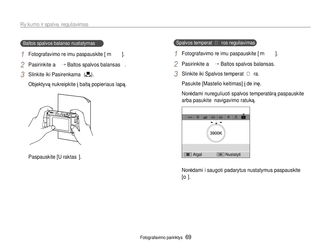 Samsung EC-EX1ZZZBPBRU manual Objektyvą nukreipkite į baltą popieriaus lapą, Baltos spalvos balanso nustatymas 