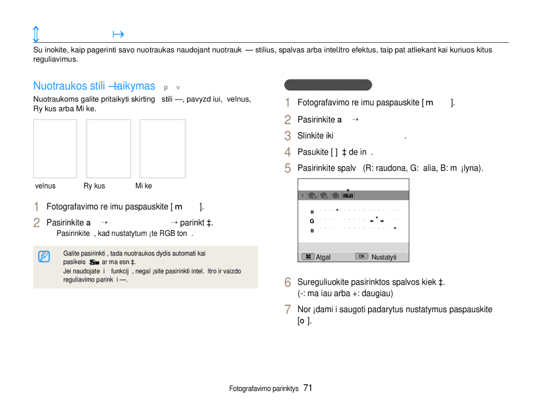 Samsung EC-EX1ZZZBPBRU Nuotraukų kokybės gerinimas, Nuotraukos stilių taikymas p a S M d, Slinkite iki Pasirinktinis RGB 