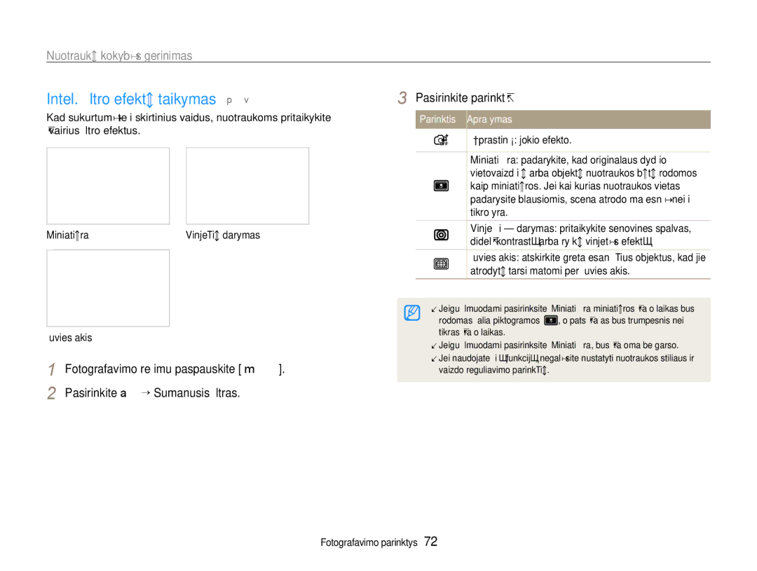 Samsung EC-EX1ZZZBPBRU manual Intel. ﬁltro efektų taikymas p a S M d, Pasirinkite a ““Sumanusis ﬁltras, Žuvies akis 