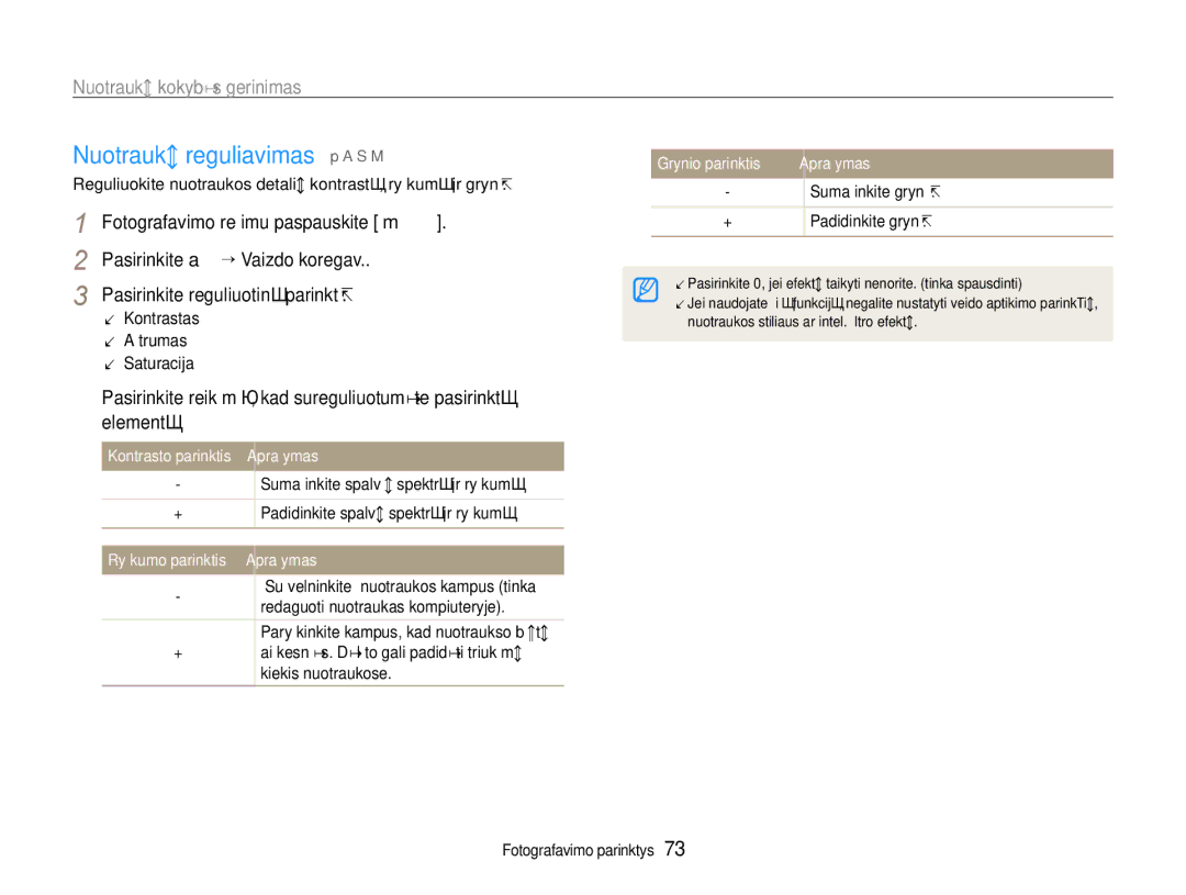 Samsung EC-EX1ZZZBPBRU manual Nuotraukų reguliavimas p a S M, Reguliuokite nuotraukos detalių kontrastą, ryškumą ir grynį 