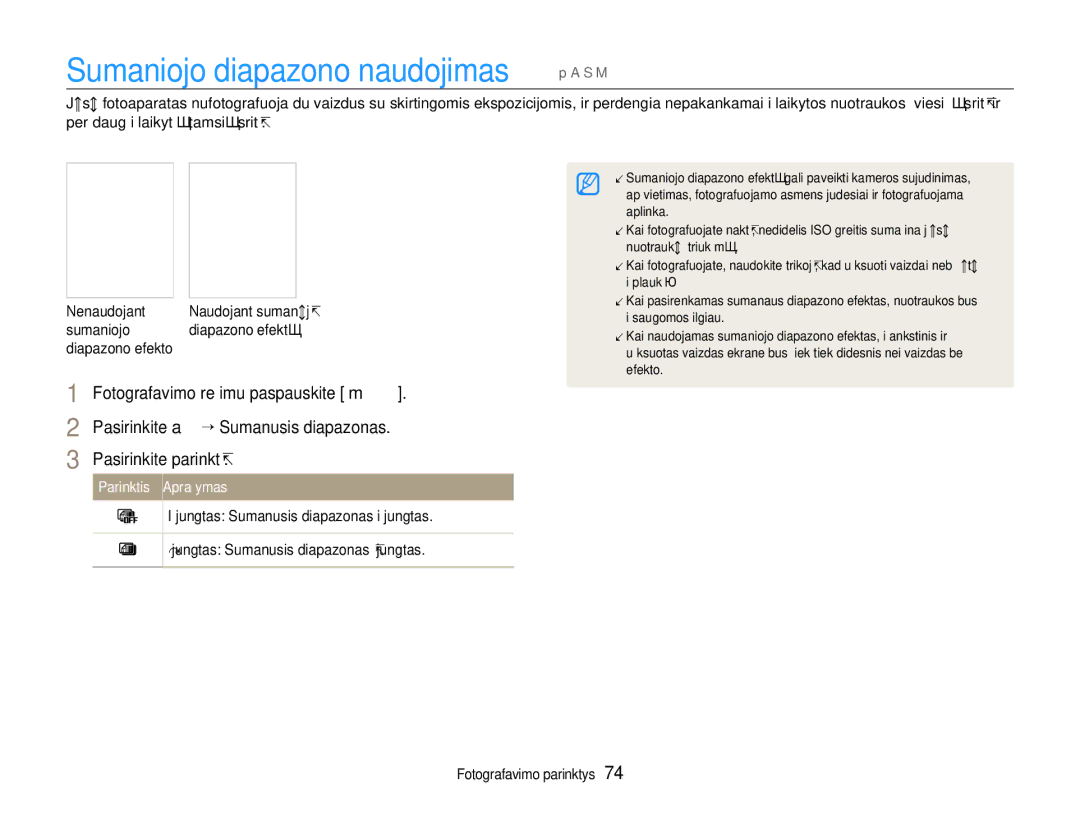 Samsung EC-EX1ZZZBPBRU manual Sumaniojo diapazono naudojimas p a S M, Pasirinkite a “ Sumanusis diapazonas 