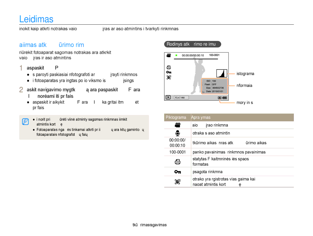 Samsung EC-EX1ZZZBPBRU manual Leidimas, Paleidimas atkūrimo režimu, Paspauskite P, Rodinys atkūrimo režimu 