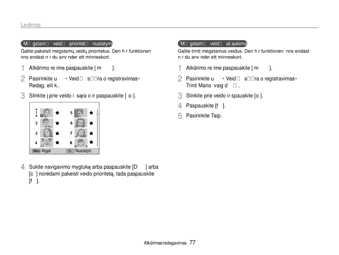 Samsung EC-EX1ZZZBPBRU manual Atkūrimo režime paspauskite m, Trinti Mano žvaigždė, Slinkite prie veido ir spauskite o 