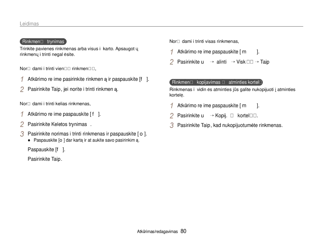 Samsung EC-EX1ZZZBPBRU Atkūrimo režime paspauskite f, Pasirinkite Keletos trynimas, Pasirinkite u “ Šalinti “ Viską “ Taip 