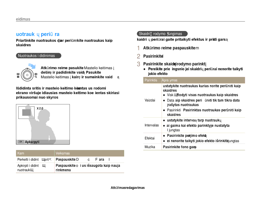 Samsung EC-EX1ZZZBPBRU manual Nuotraukų peržiūra, Nuotraukos išdidinimas, Skaidrių rodymo įjungimas 