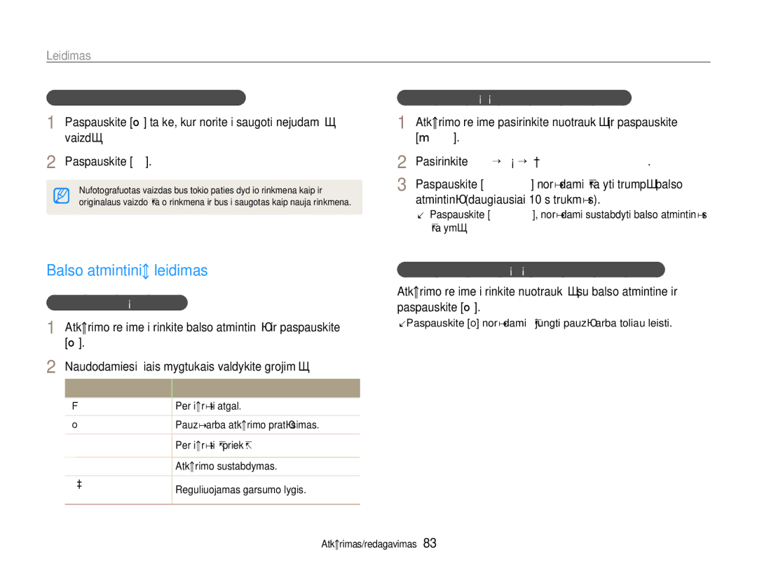 Samsung EC-EX1ZZZBPBRU manual Balso atmintinių leidimas, Atkūrimo režime pasirinkite nuotrauką ir paspauskite m 