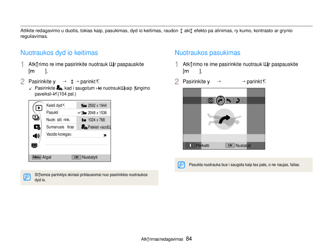 Samsung EC-EX1ZZZBPBRU manual Nuotraukos redagavimas, Nuotraukos dydžio keitimas, Nuotraukos pasukimas 