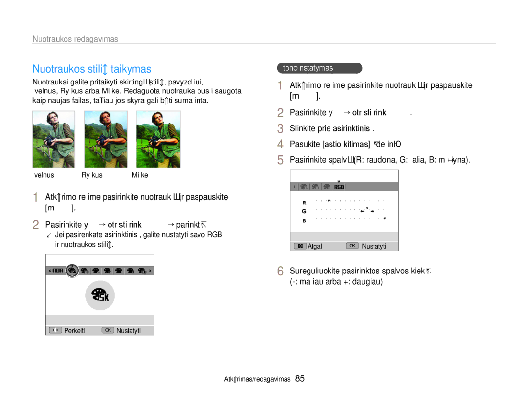 Samsung EC-EX1ZZZBPBRU Nuotraukos stilių taikymas, Pasirinkite y “ Nuotr. stil. rink, Slinkite prie Pasirinktinis RGB 