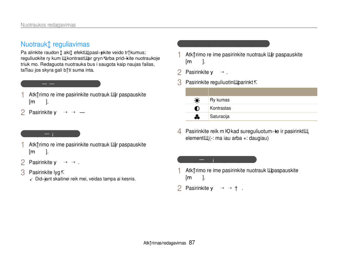 Samsung EC-EX1ZZZBPBRU Nuotraukų reguliavimas, Pasirinkite y “ Vaizdo koregav. “ Raud. akių efk. šal, Pasirinkite lygį 