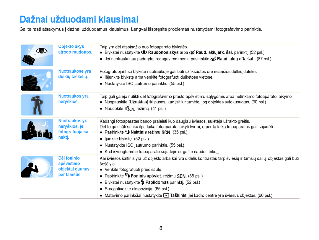 Samsung EC-EX1ZZZBPBRU manual Dažnai užduodami klausimai, Raudonos akys arba Raud. akių efk. šal. parinktį psl 