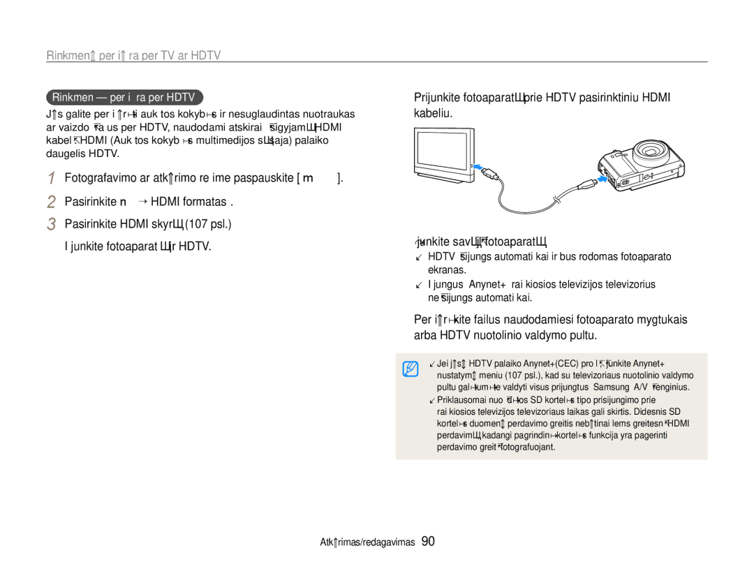 Samsung EC-EX1ZZZBPBRU manual Rinkmenų peržiūra per TV ar Hdtv, Rinkmenų peržiūra per Hdtv 