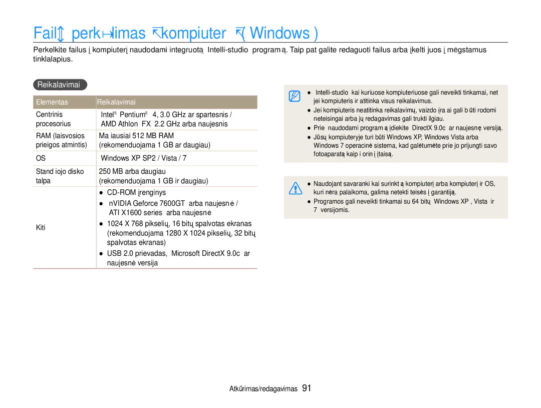 Samsung EC-EX1ZZZBPBRU manual Failų perkėlimas į kompiuterį „Windows, Reikalavimai 