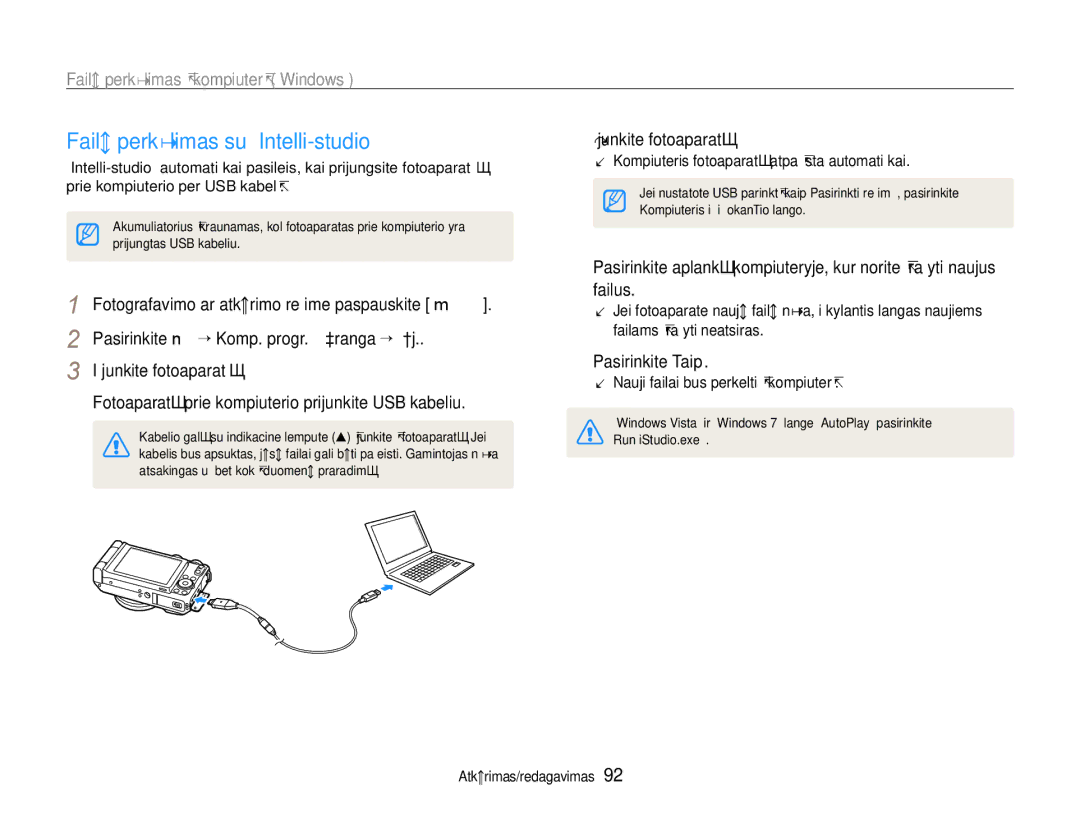 Samsung EC-EX1ZZZBPBRU Failų perkėlimas su „Intelli-studio, Įjunkite fotoaparatą, Nauji failai bus perkelti į kompiuterį 