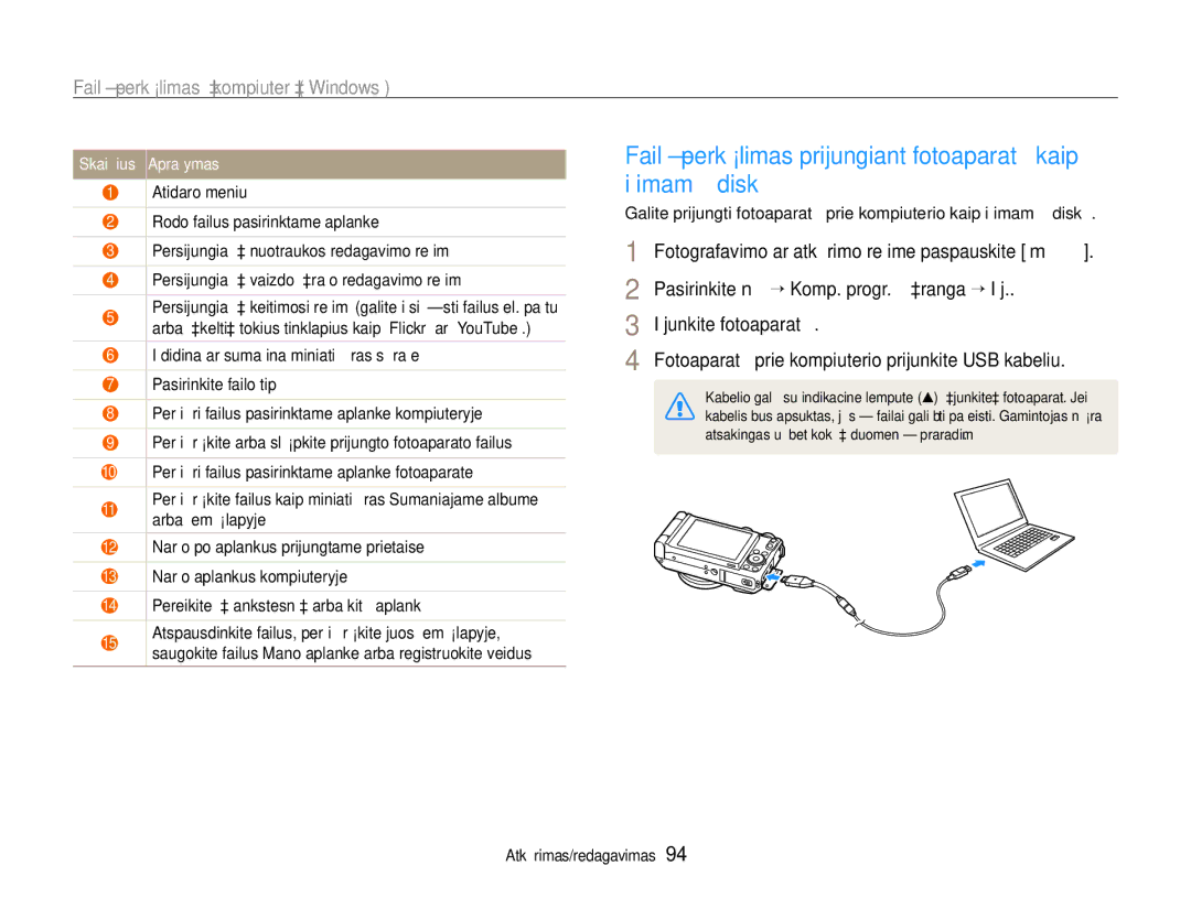 Samsung EC-EX1ZZZBPBRU manual Failų perkėlimas prijungiant fotoaparatą kaip išimamą diską, Išjunkite fotoaparatą 