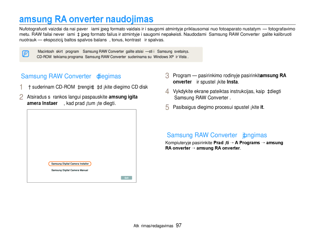 Samsung EC-EX1ZZZBPBRU manual „Samsung RAW Converter naudojimas, „Samsung RAW Converter įdiegimas 