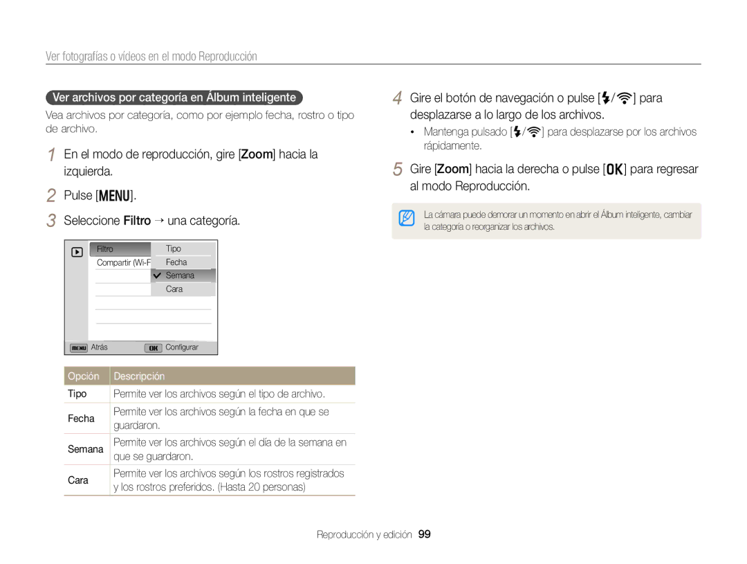 Samsung EC-EX2FZZBPBE1, EC-EX2FZZBPWE1, EC-EX2FZZBPBDE, EC-EX2FZZBPBIL manual Ver archivos por categoría en Álbum inteligente 