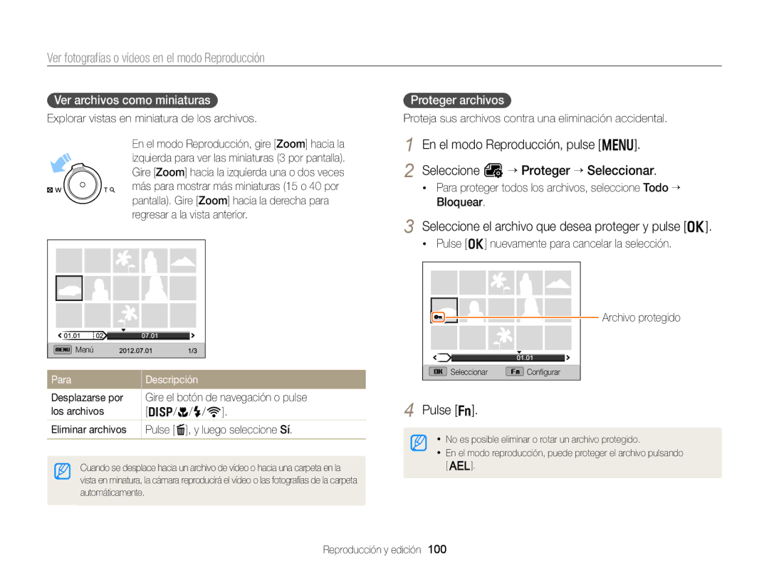 Samsung EC-EX2FZZBPWE1 Seleccione el archivo que desea proteger y pulse o, Ver archivos como miniaturas, Proteger archivos 