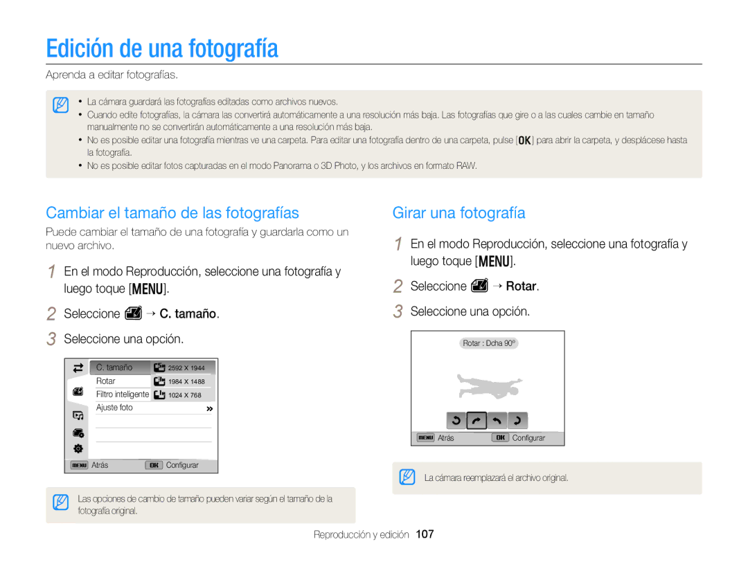 Samsung EC-EX2FZZBPBIL manual Edición de una fotografía, Cambiar el tamaño de las fotografías, Girar una fotografía 