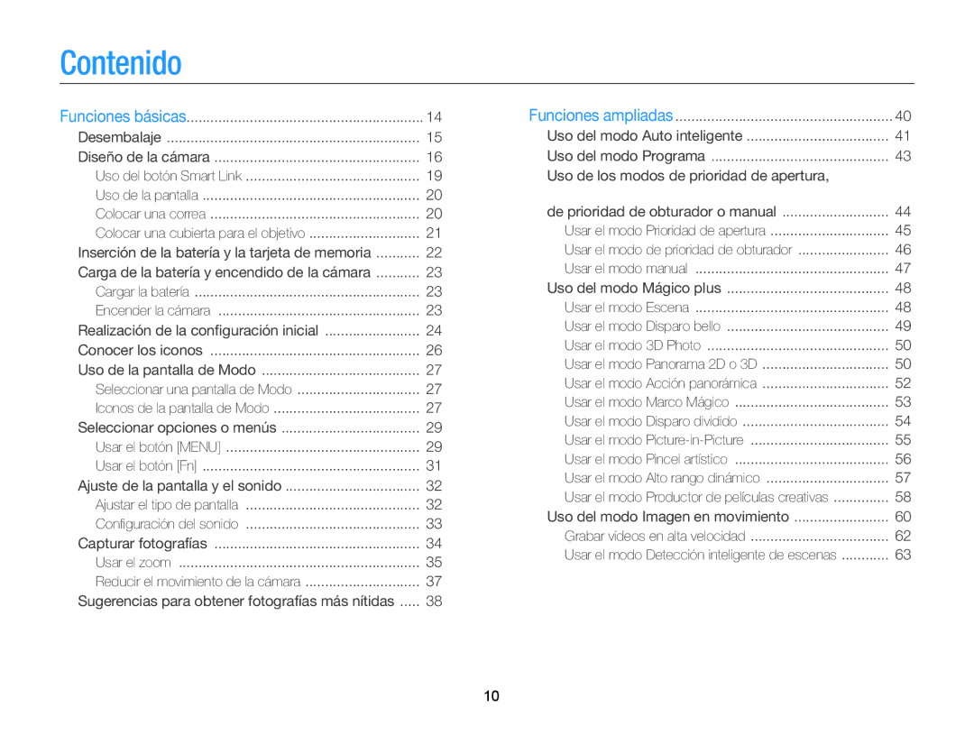 Samsung EC-EX2FZZBPWE1, EC-EX2FZZBPBE1, EC-EX2FZZBPBDE, EC-EX2FZZBPBIL, EC-EX2FZZBPWIL manual Contenido 