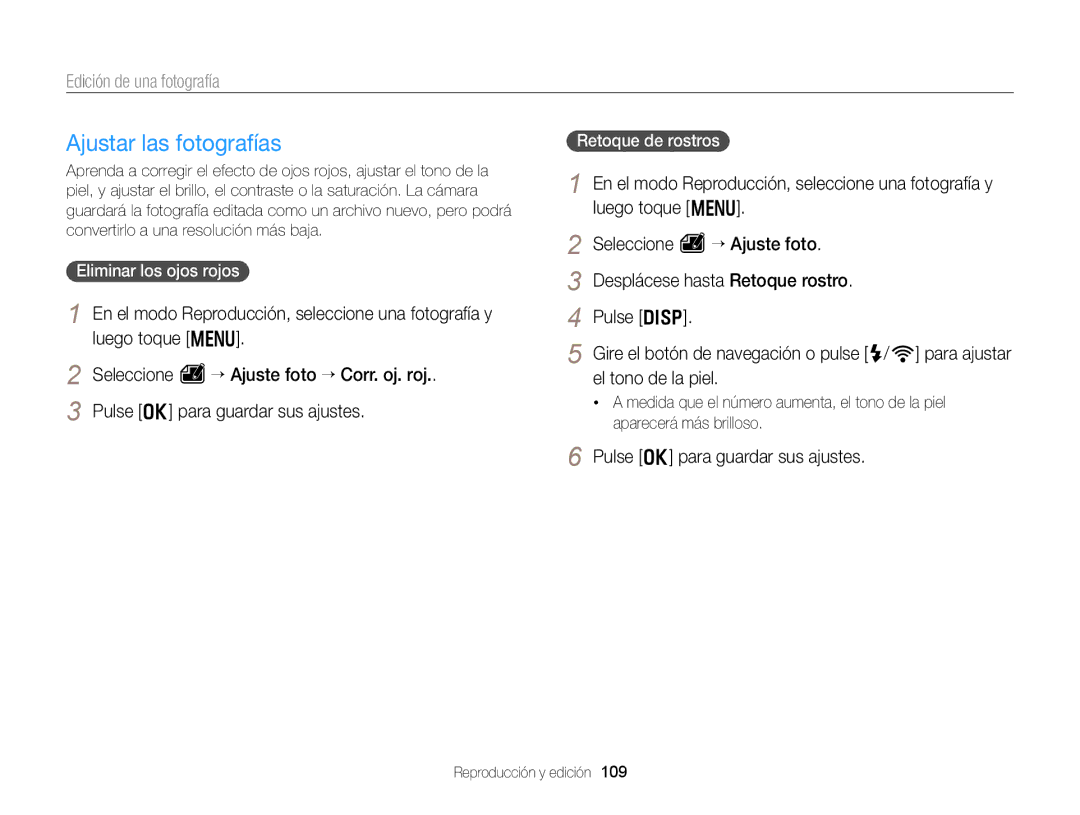 Samsung EC-EX2FZZBPBE1, EC-EX2FZZBPWE1, EC-EX2FZZBPBDE Ajustar las fotografías, Eliminar los ojos rojos, Retoque de rostros 