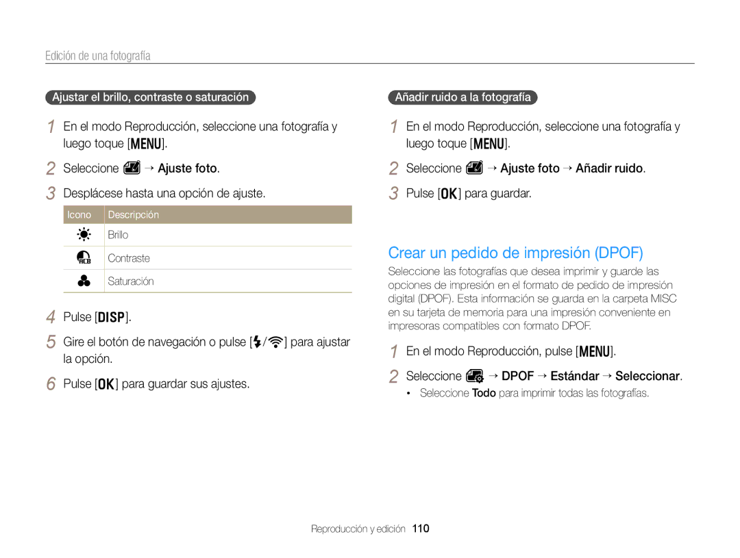 Samsung EC-EX2FZZBPWE1, EC-EX2FZZBPBE1 manual Crear un pedido de impresión Dpof, Ajustar el brillo, contraste o saturación 
