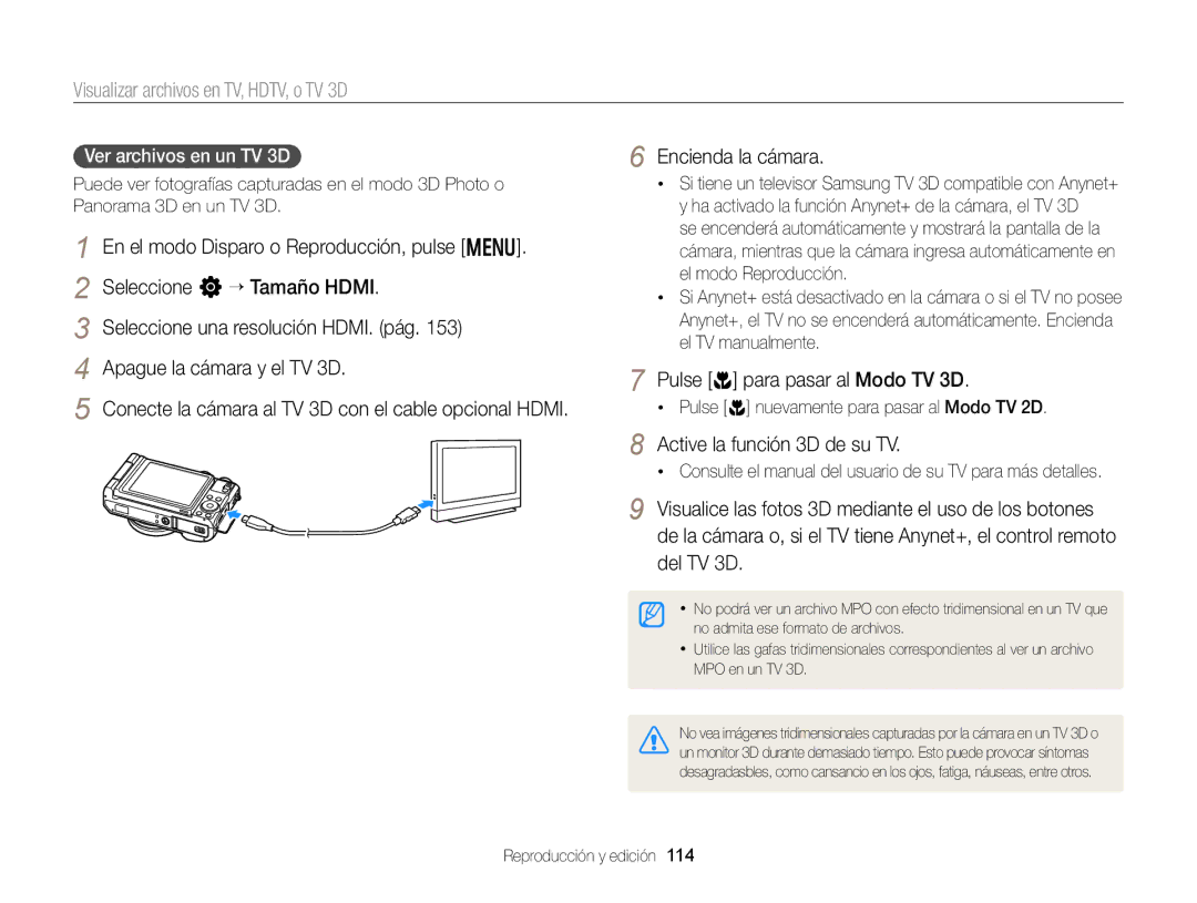 Samsung EC-EX2FZZBPBE1 manual Pulse c para pasar al Modo TV 3D, Active la función 3D de su TV, Ver archivos en un TV 3D 