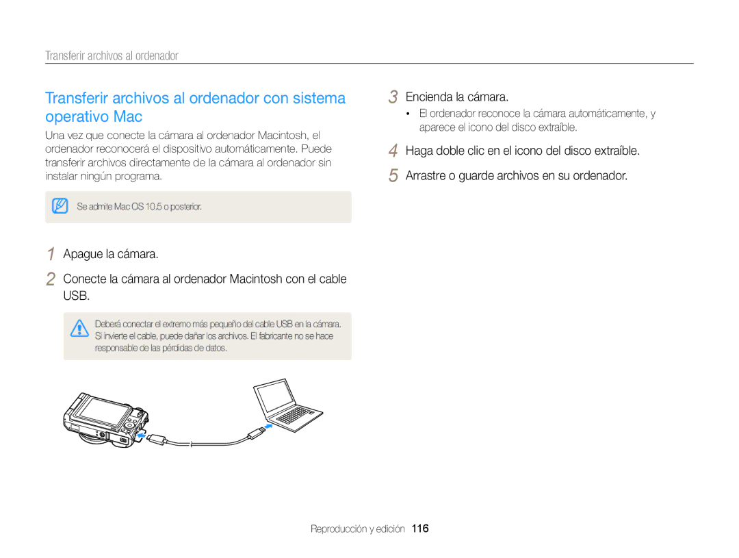 Samsung EC-EX2FZZBPBDE, EC-EX2FZZBPBE1, EC-EX2FZZBPWE1 manual Transferir archivos al ordenador con sistema operativo Mac 