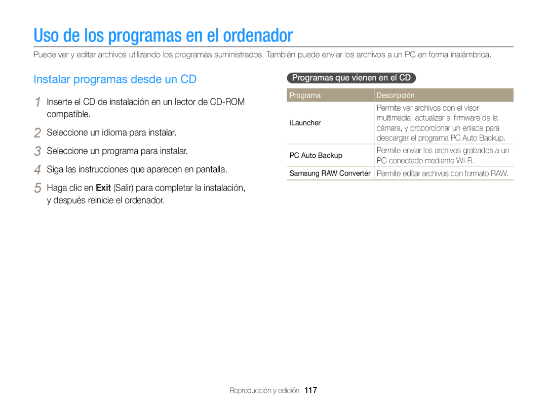 Samsung EC-EX2FZZBPBIL Uso de los programas en el ordenador, Instalar programas desde un CD, Programas que vienen en el CD 