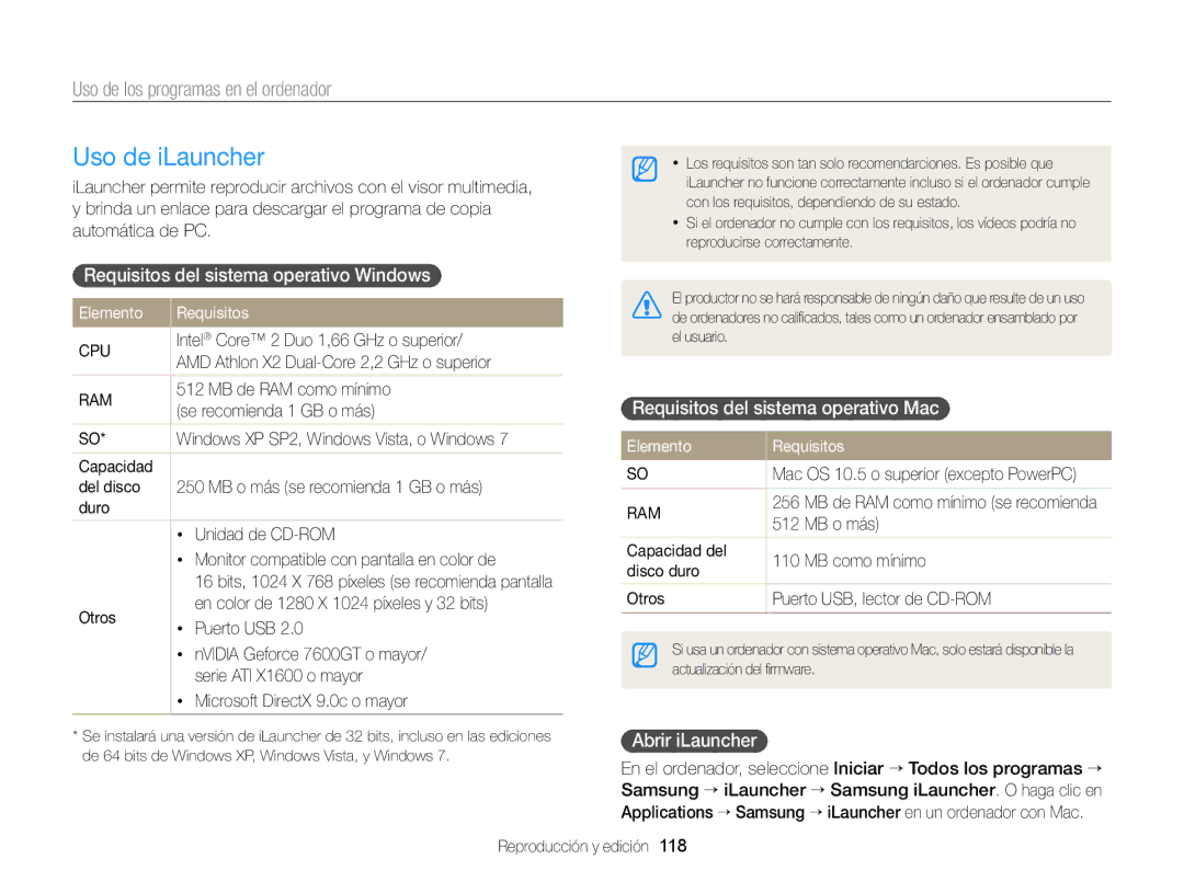 Samsung EC-EX2FZZBPWIL Uso de iLauncher, Uso de los programas en el ordenador, Requisitos del sistema operativo Windows 