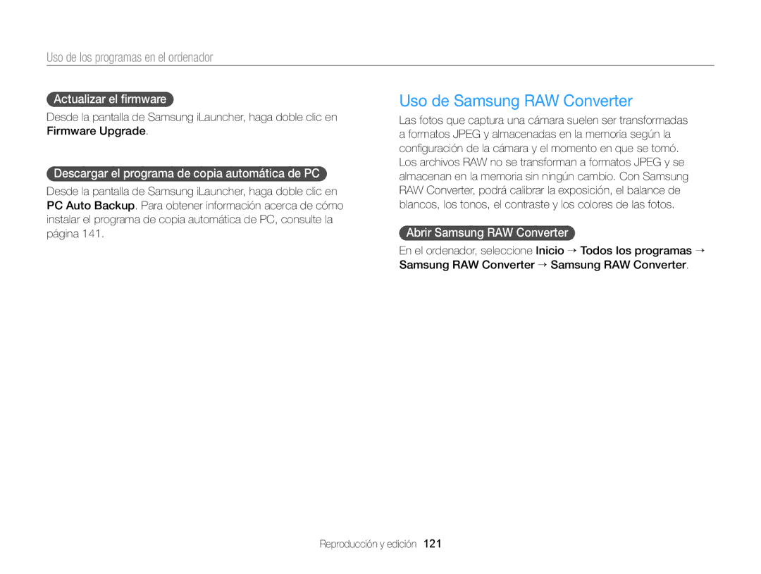 Samsung EC-EX2FZZBPBDE, EC-EX2FZZBPBE1 Uso de Samsung RAW Converter, Actualizar el ﬁrmware, Abrir Samsung RAW Converter 