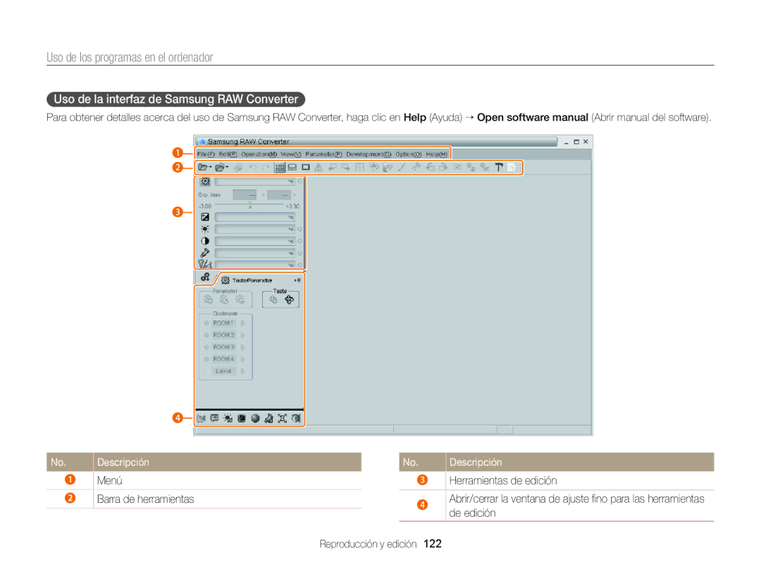 Samsung EC-EX2FZZBPBIL, EC-EX2FZZBPBE1, EC-EX2FZZBPWE1, EC-EX2FZZBPBDE manual Uso de la interfaz de Samsung RAW Converter 
