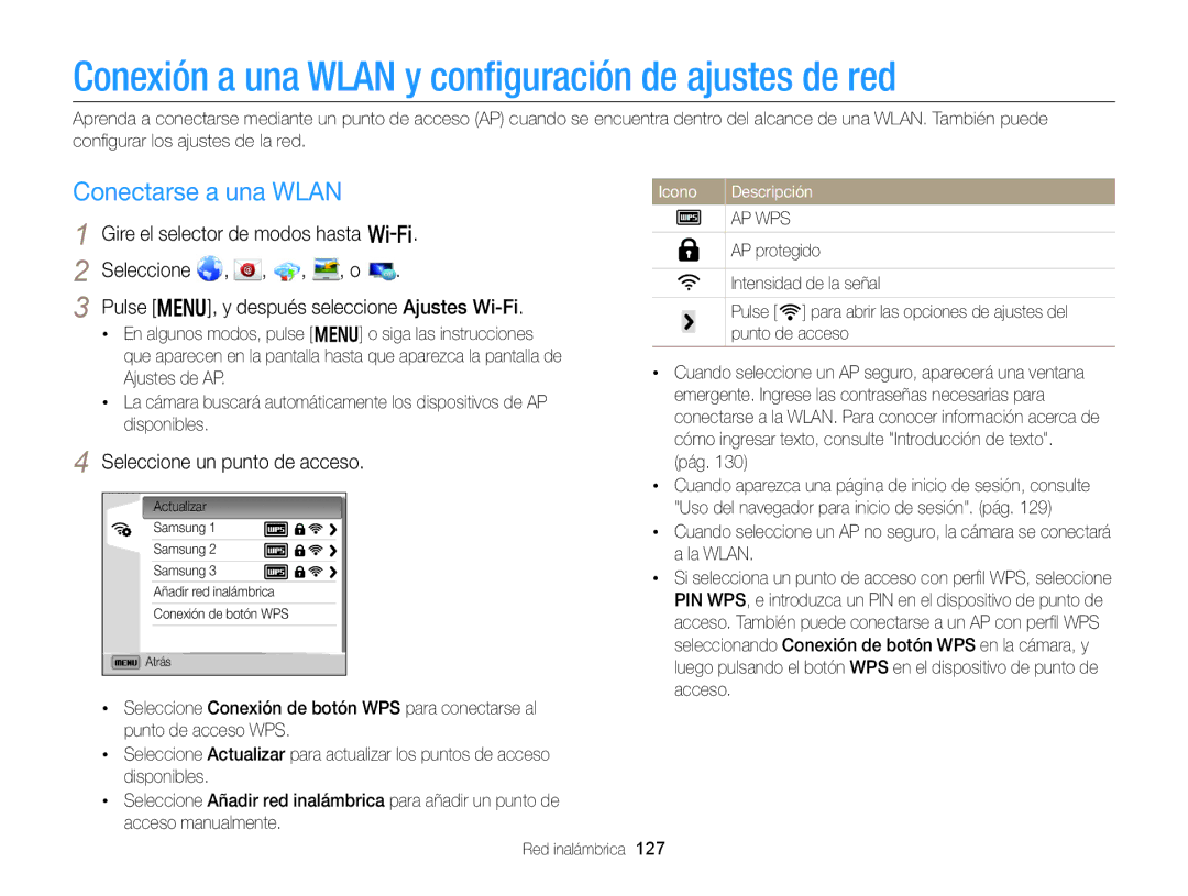 Samsung EC-EX2FZZBPBIL, EC-EX2FZZBPBE1 Conexión a una Wlan y conﬁguración de ajustes de red, Conectarse a una Wlan, Pág 