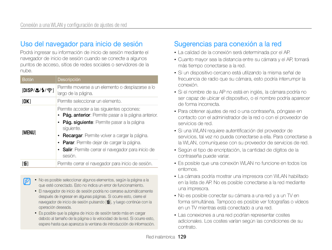 Samsung EC-EX2FZZBPBE1, EC-EX2FZZBPWE1 Uso del navegador para inicio de sesión, Sugerencias para conexión a la red, Botón 