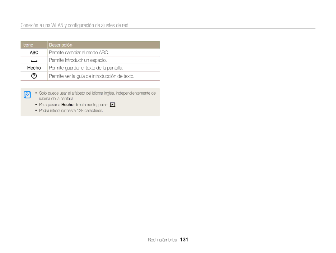 Samsung EC-EX2FZZBPBDE, EC-EX2FZZBPBE1, EC-EX2FZZBPWE1 manual Permite cambiar el modo ABC, Permite introducir un espacio 