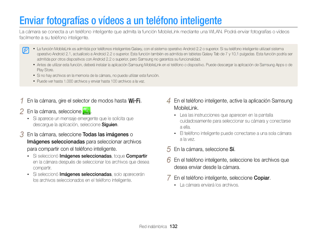 Samsung EC-EX2FZZBPBIL manual Enviar fotografías o vídeos a un teléfono inteligente, La cámara enviará los archivos 
