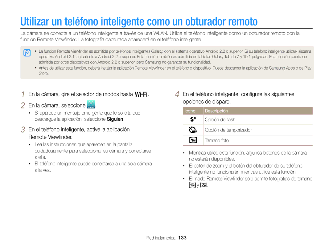 Samsung EC-EX2FZZBPWIL Utilizar un teléfono inteligente como un obturador remoto, Opción de ﬂash, Opción de temporizador 