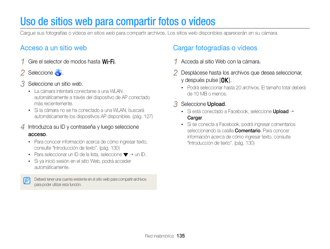 Samsung EC-EX2FZZBPWE1 Uso de sitios web para compartir fotos o vídeos, Acceso a un sitio web, Cargar fotogradías o vídeos 