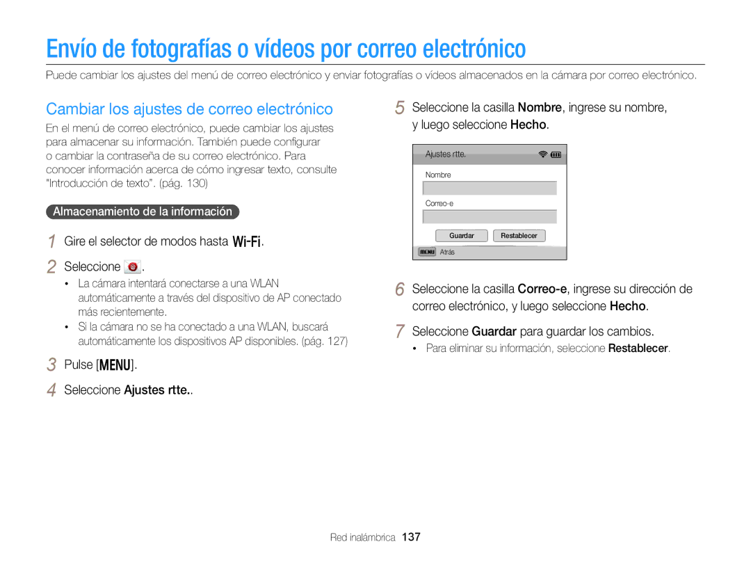 Samsung EC-EX2FZZBPBIL Envío de fotografías o vídeos por correo electrónico, Cambiar los ajustes de correo electrónico 