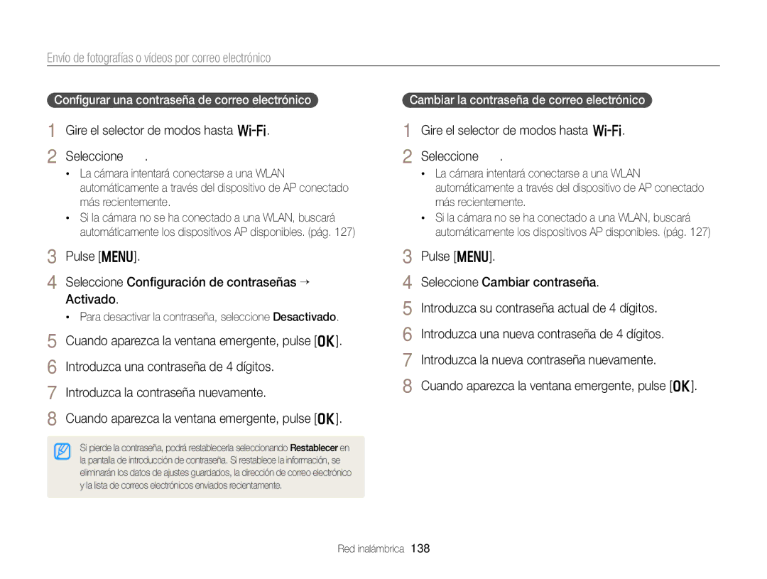 Samsung EC-EX2FZZBPWIL Envío de fotografías o vídeos por correo electrónico, Cambiar la contraseña de correo electrónico 