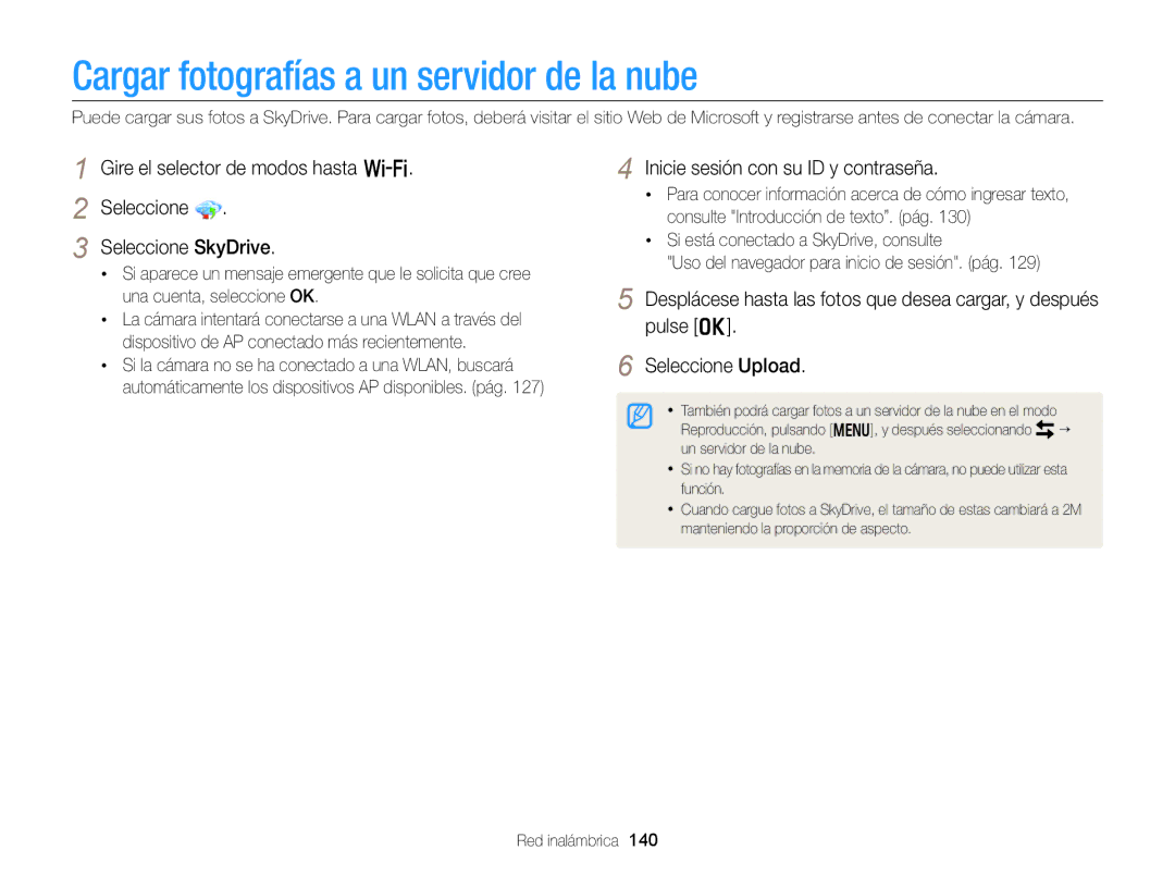 Samsung EC-EX2FZZBPWE1, EC-EX2FZZBPBE1 Cargar fotografías a un servidor de la nube, Inicie sesión con su ID y contraseña 