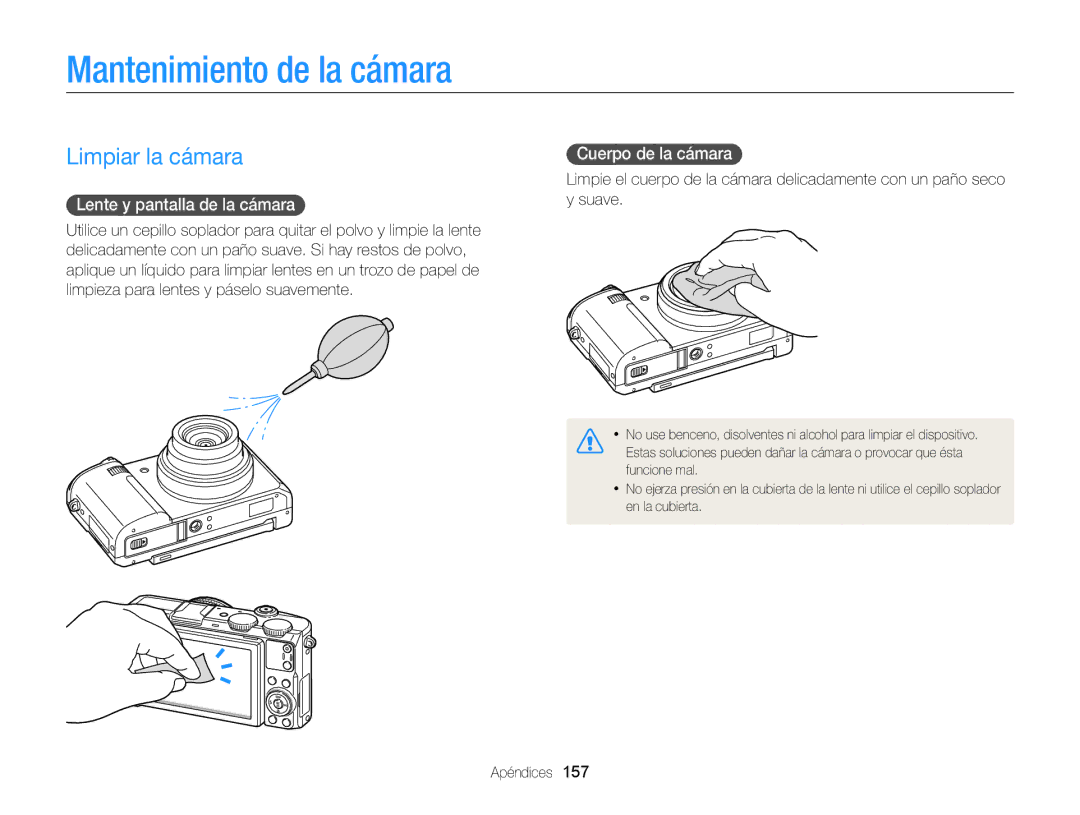 Samsung EC-EX2FZZBPBIL Mantenimiento de la cámara, Limpiar la cámara, Lente y pantalla de la cámara, Cuerpo de la cámara 