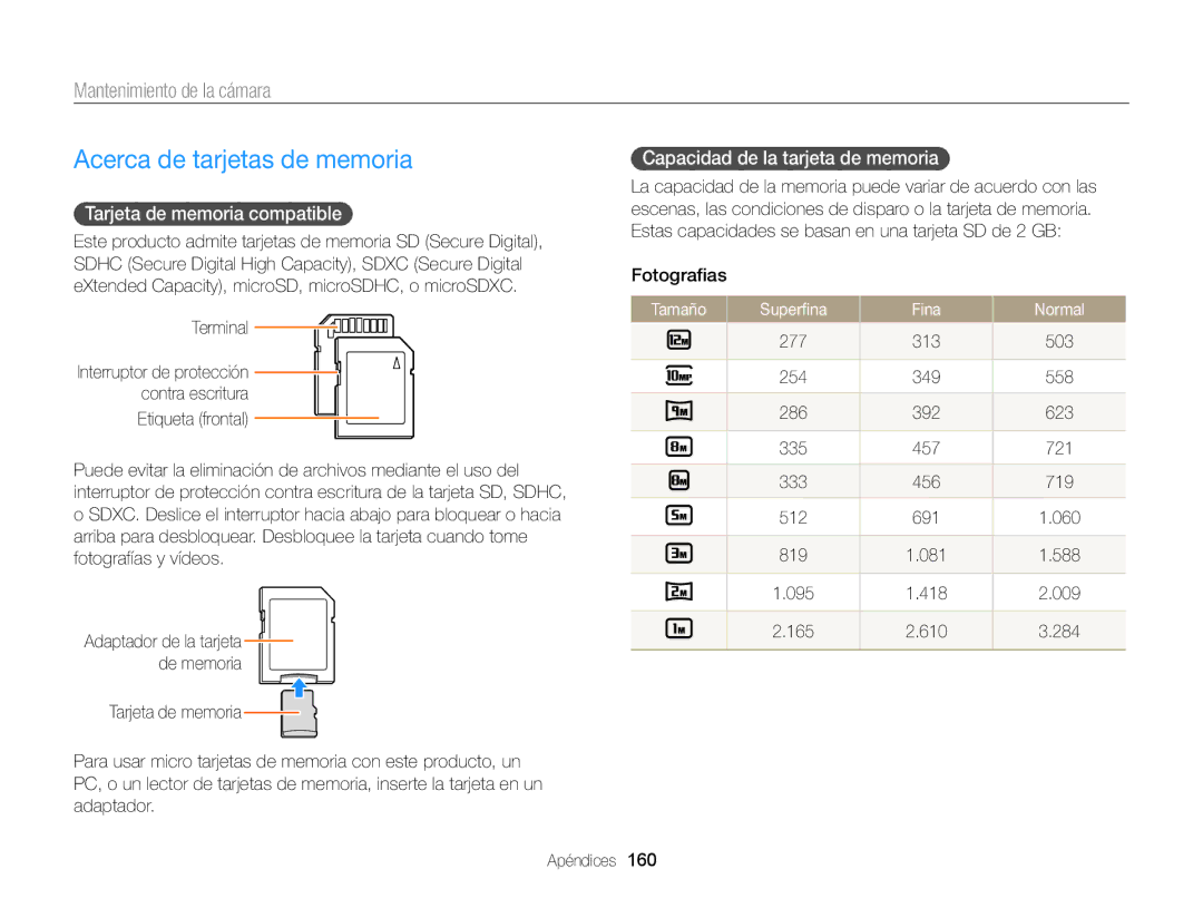 Samsung EC-EX2FZZBPWE1 Acerca de tarjetas de memoria, Tarjeta de memoria compatible, Capacidad de la tarjeta de memoria 
