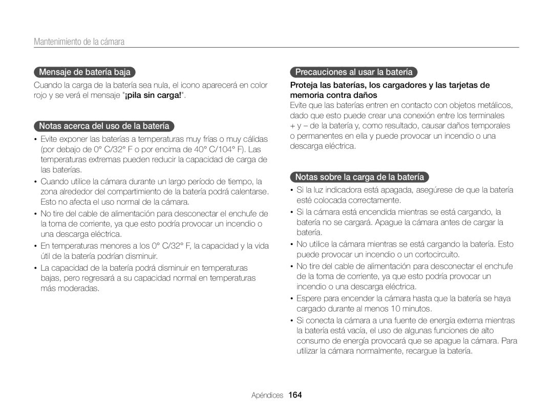 Samsung EC-EX2FZZBPBE1 manual Mensaje de batería baja, Notas acerca del uso de la batería, Precauciones al usar la batería 