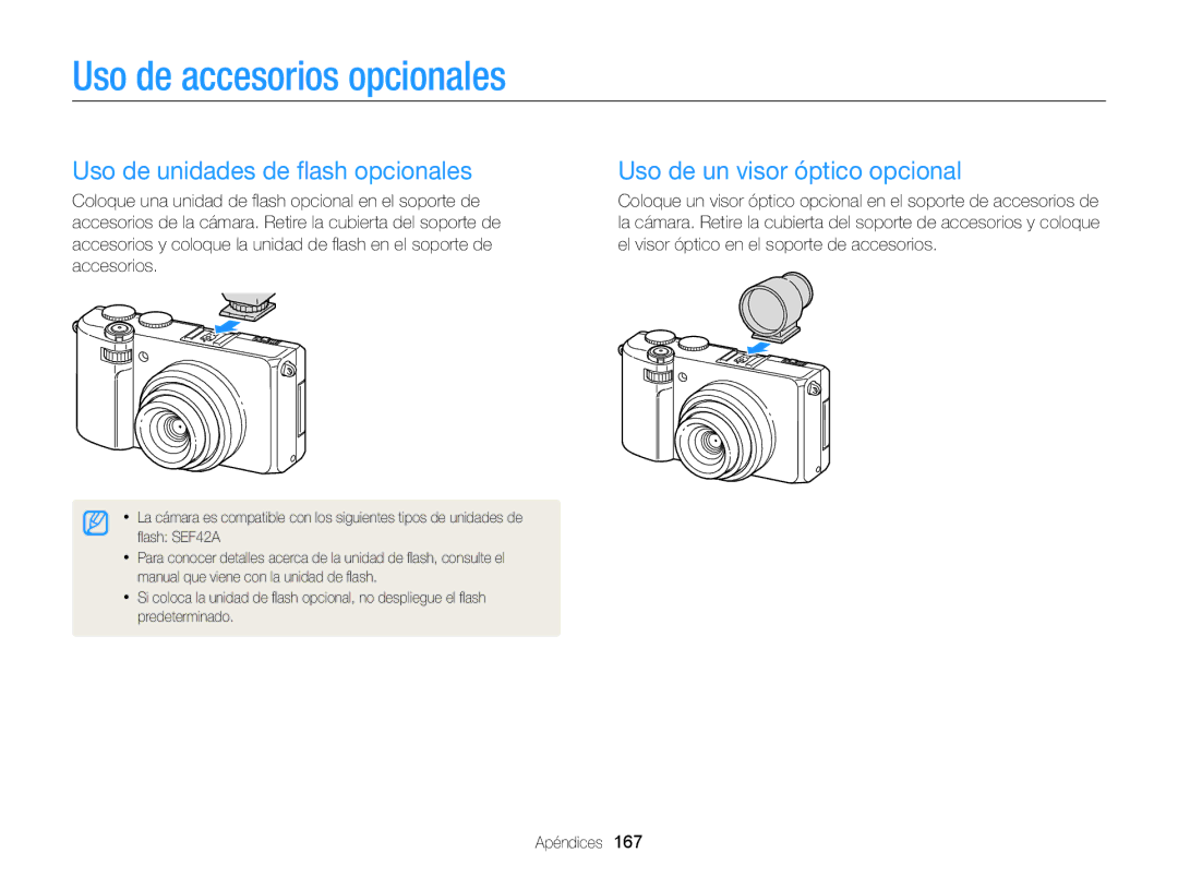 Samsung EC-EX2FZZBPBIL Uso de accesorios opcionales, Uso de unidades de ﬂash opcionales, Uso de un visor óptico opcional 